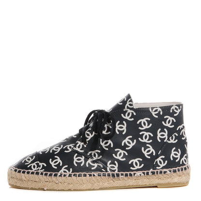 Chanel Lambskin Printed CC Lace Up Espadrilles 39 Black White 1 of 7