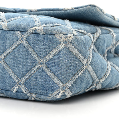 Chanel Frayed Denim Quilted Large Blue Chip Flap Blue 10 of 13
