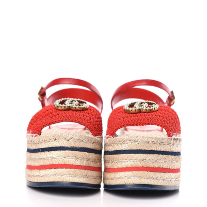 Gucci Cotton Malaga Kid Crochet Pearly GG Lilibeth Espadrille Platform Sandals 36 Hibiscus Red 2 of 13