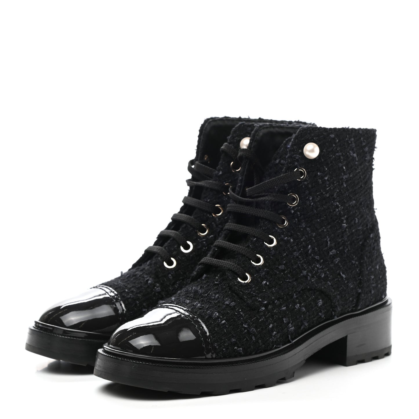 Tweed Patent Calfskin Pearl Combat Short Boots 38.5 Black Grey