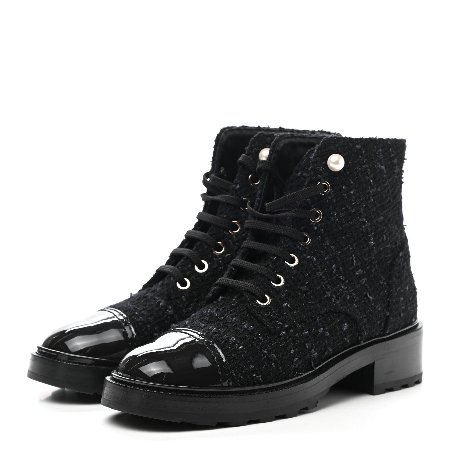 Chanel Tweed Patent Calfskin Pearl Combat Short Boots 38.5 Black Grey 3 of 9