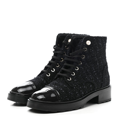 Chanel Tweed Patent Calfskin Pearl Combat Short Boots 38.5 Black Grey 3 of 9