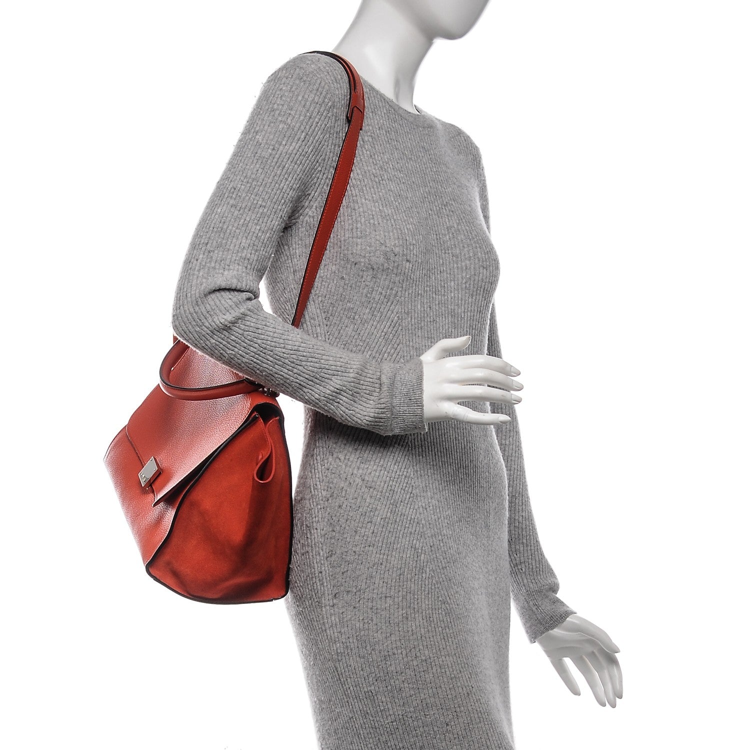 Celine Drummed Calfskin Suede Medium Trapeze Vermillion 2 of 6