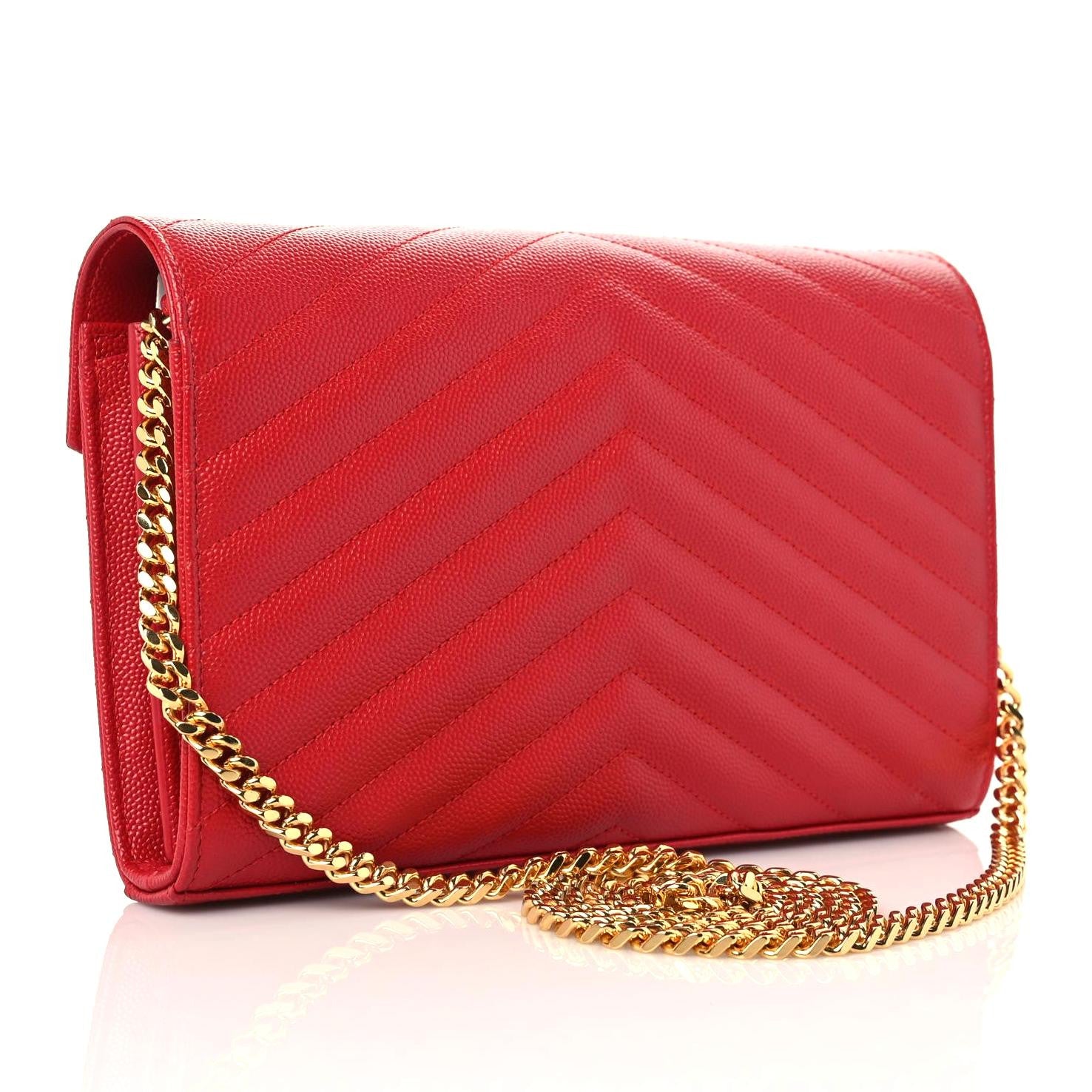 Saint Laurent Grain De Poudre Matelasse Chevron Monogram Chain Wallet Red 3 of 13