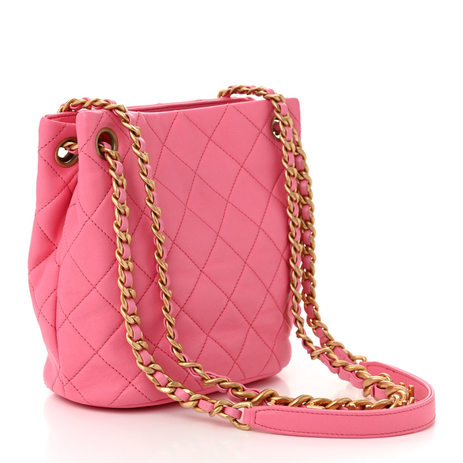 Chanel Lambskin Quilted Chaine Lettre Small Bucket Bag Pink 3 of 10