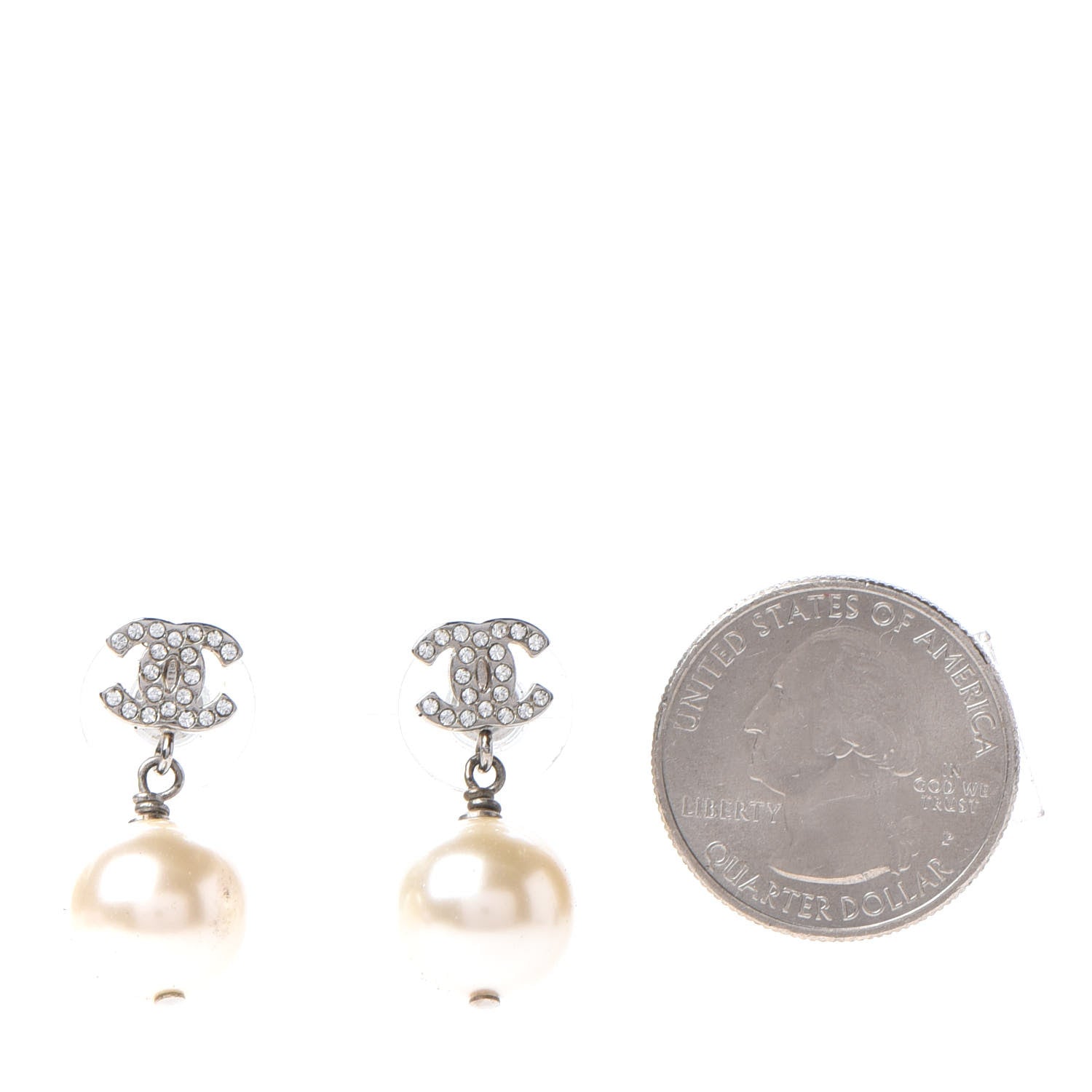 Chanel Crystal Pearl CC Drop Earrings Silver Pearly White 2 of 6
