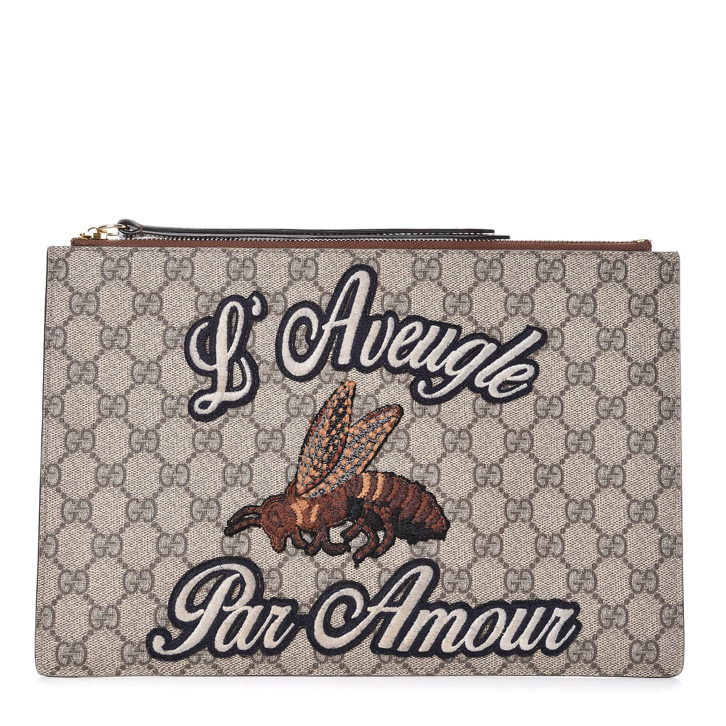 Calfskin GG Supreme Monogram Blind for Love Embroidered Large Zip Pouch Brown