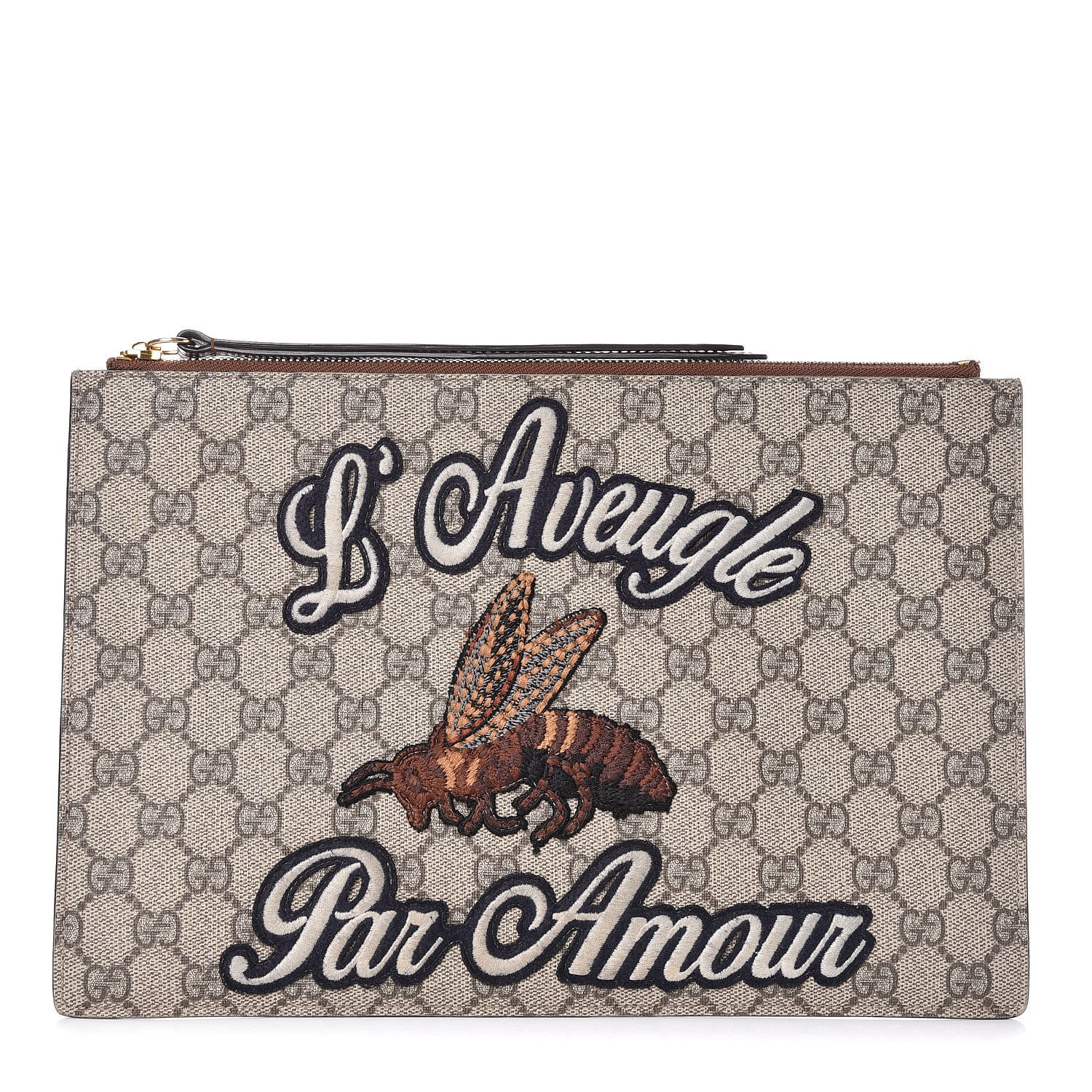 Gucci Calfskin GG Supreme Monogram Blind for Love Embroidered Large Zip Pouch Brown 1 of 12