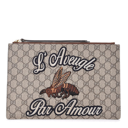 Gucci Calfskin GG Supreme Monogram Blind for Love Embroidered Large Zip Pouch Brown 1 of 12
