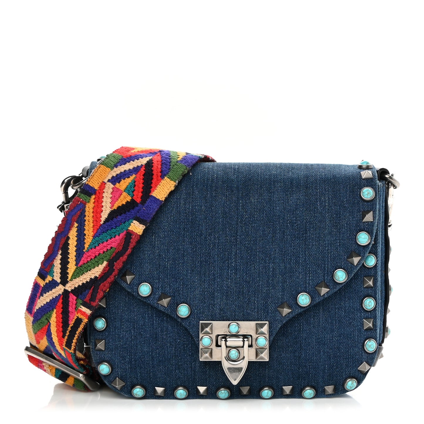 Denim Guitar Strap Rockstud Rolling Shoulder Flap Messenger Bag