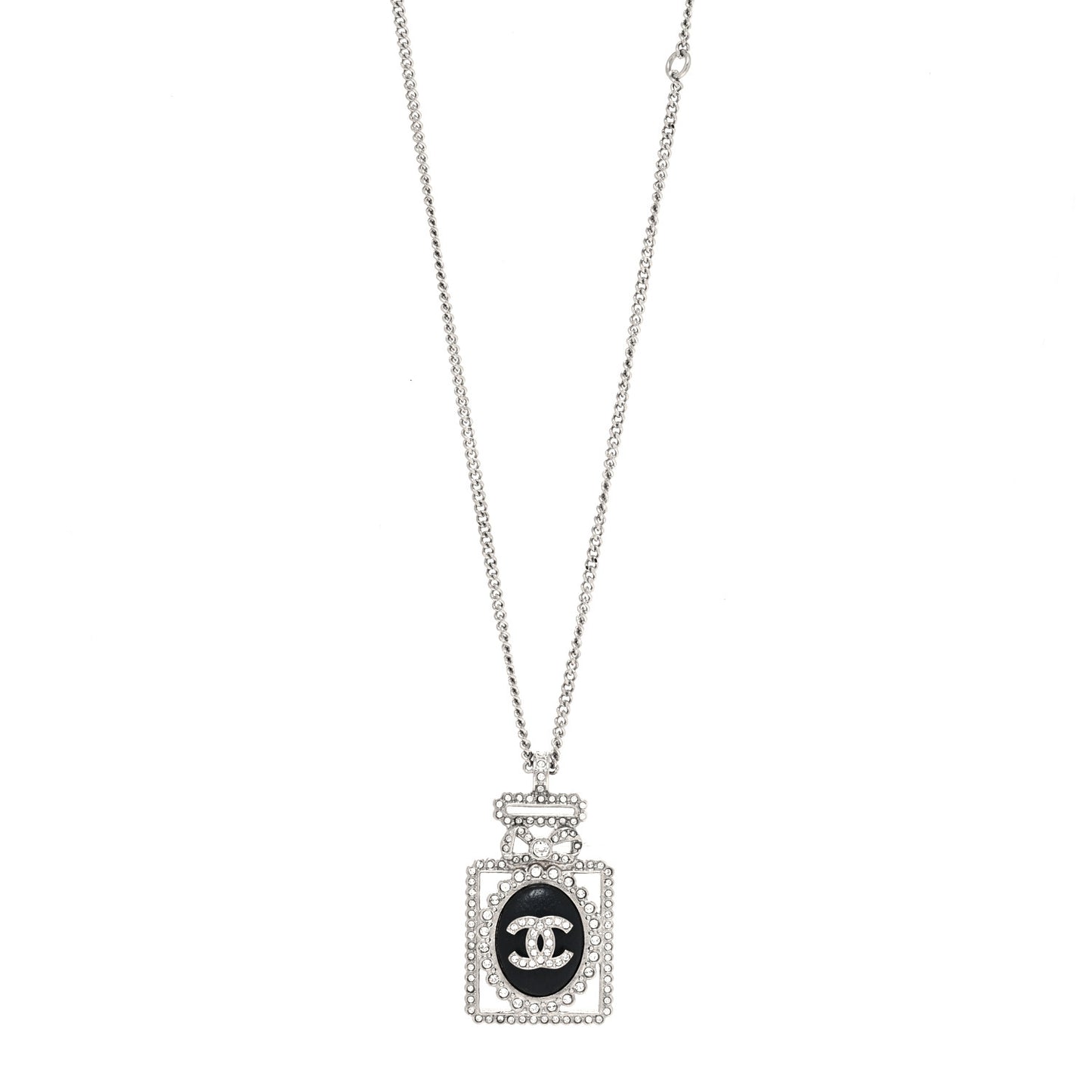 Crystal CC Perfume Bottle Necklace Black Silver