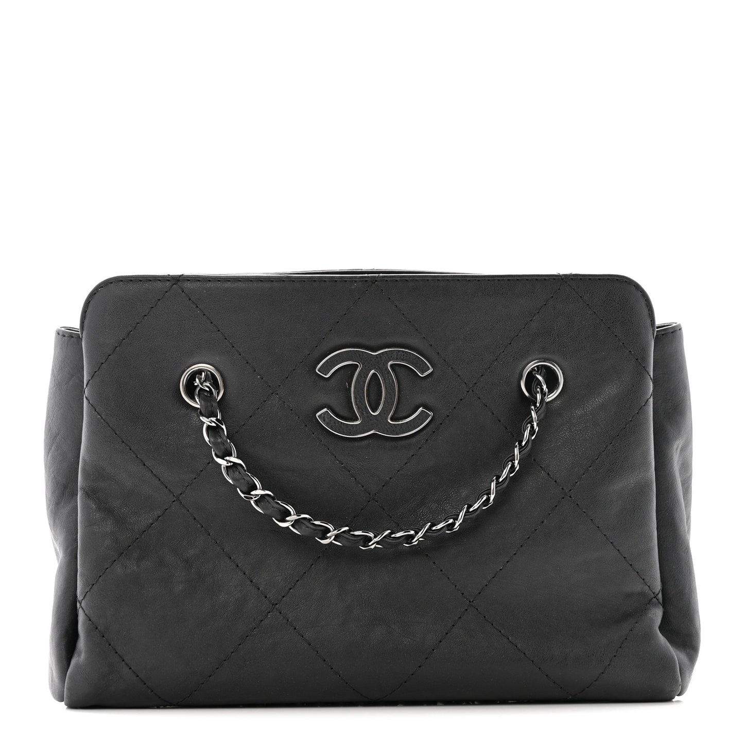 Washed Calfskin Diamond Stitch Hamptons Shopping Tote Black