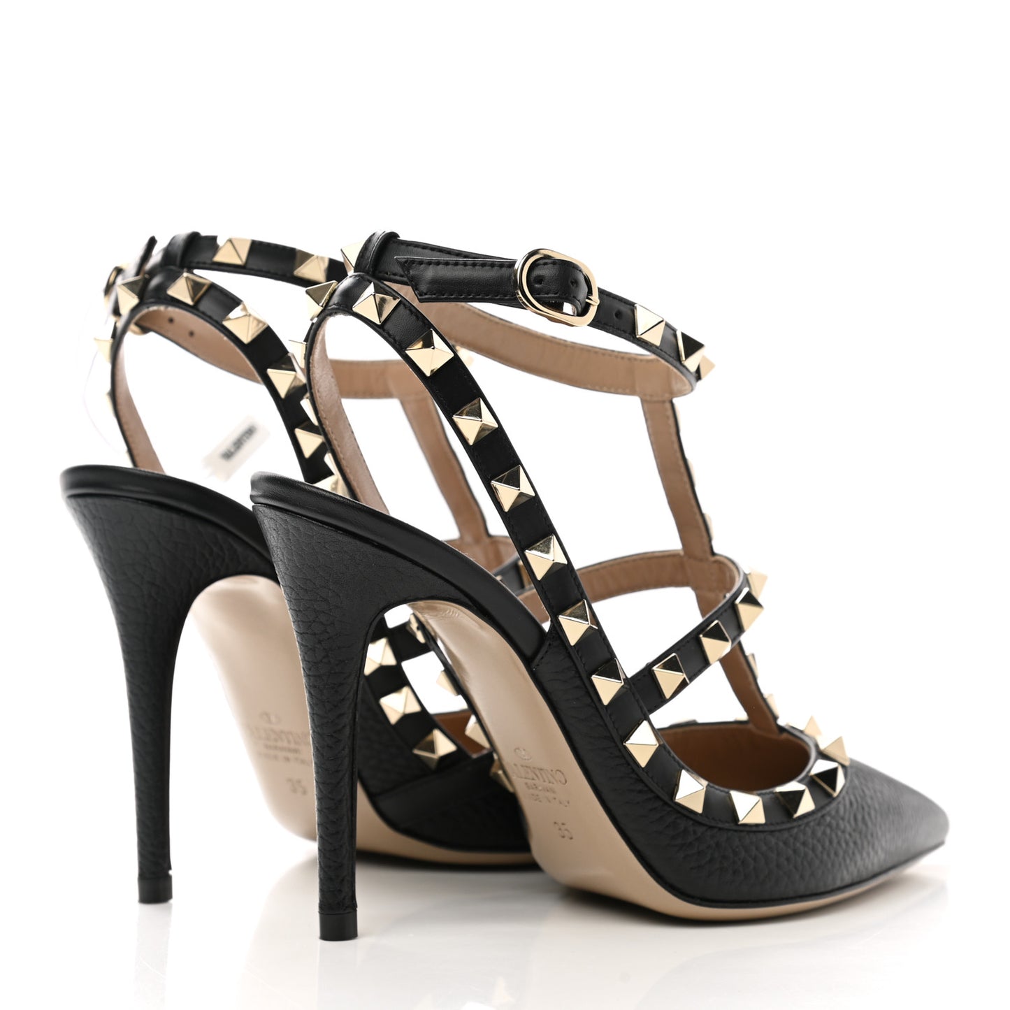 Pebbled Calfskin Rockstud Ankle Strap 100mm Pumps 35 Black
