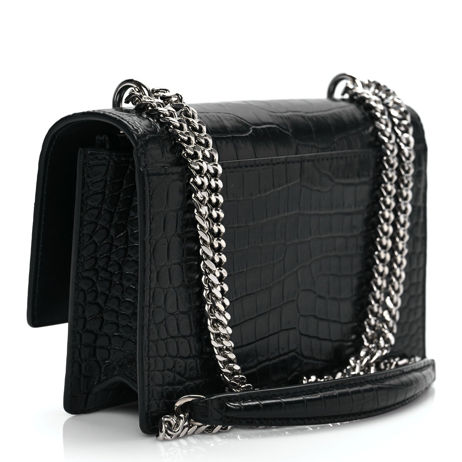 Saint Laurent Calfskin Crocodile Embossed Monogram Sunset Chain Wallet Black 3 of 8