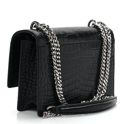 Saint Laurent Calfskin Crocodile Embossed Monogram Sunset Chain Wallet Black 3 of 8