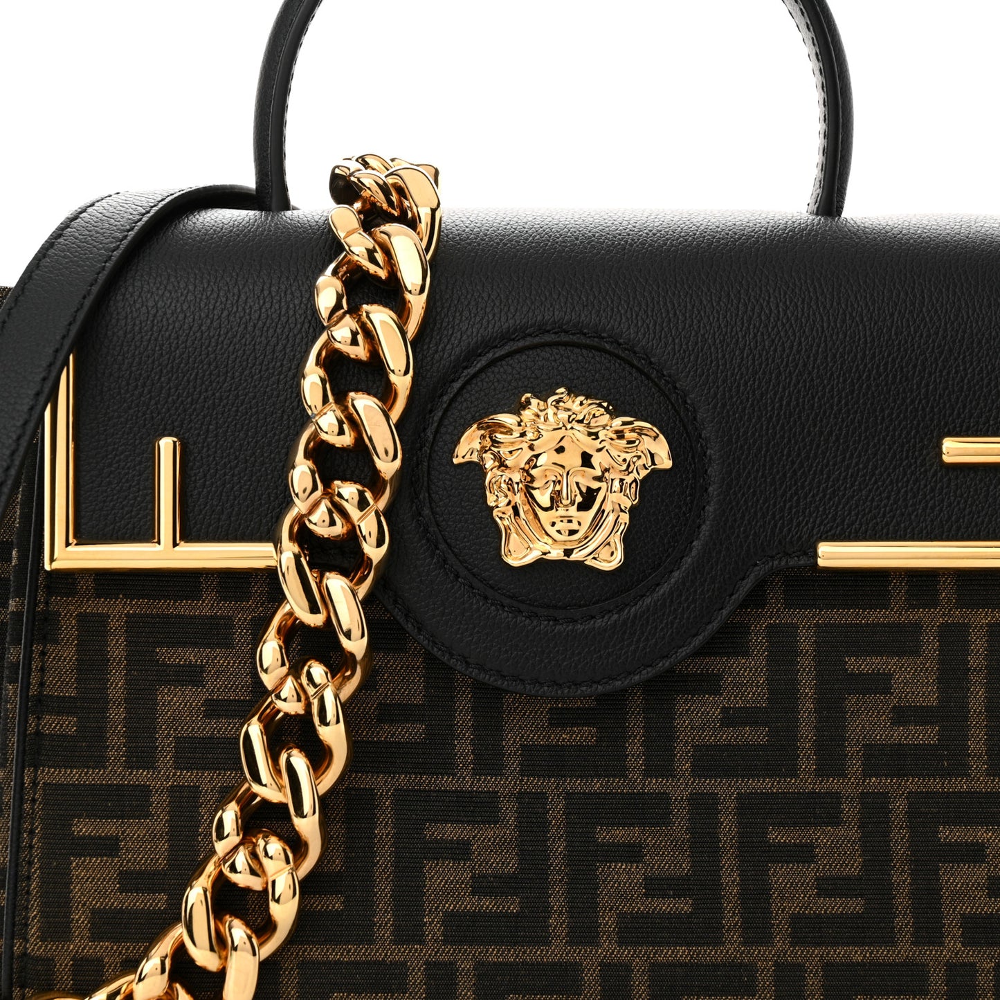 X FENDI Grained Calfskin Fendace Medium La Medusa Top Handle Bag Black Brown