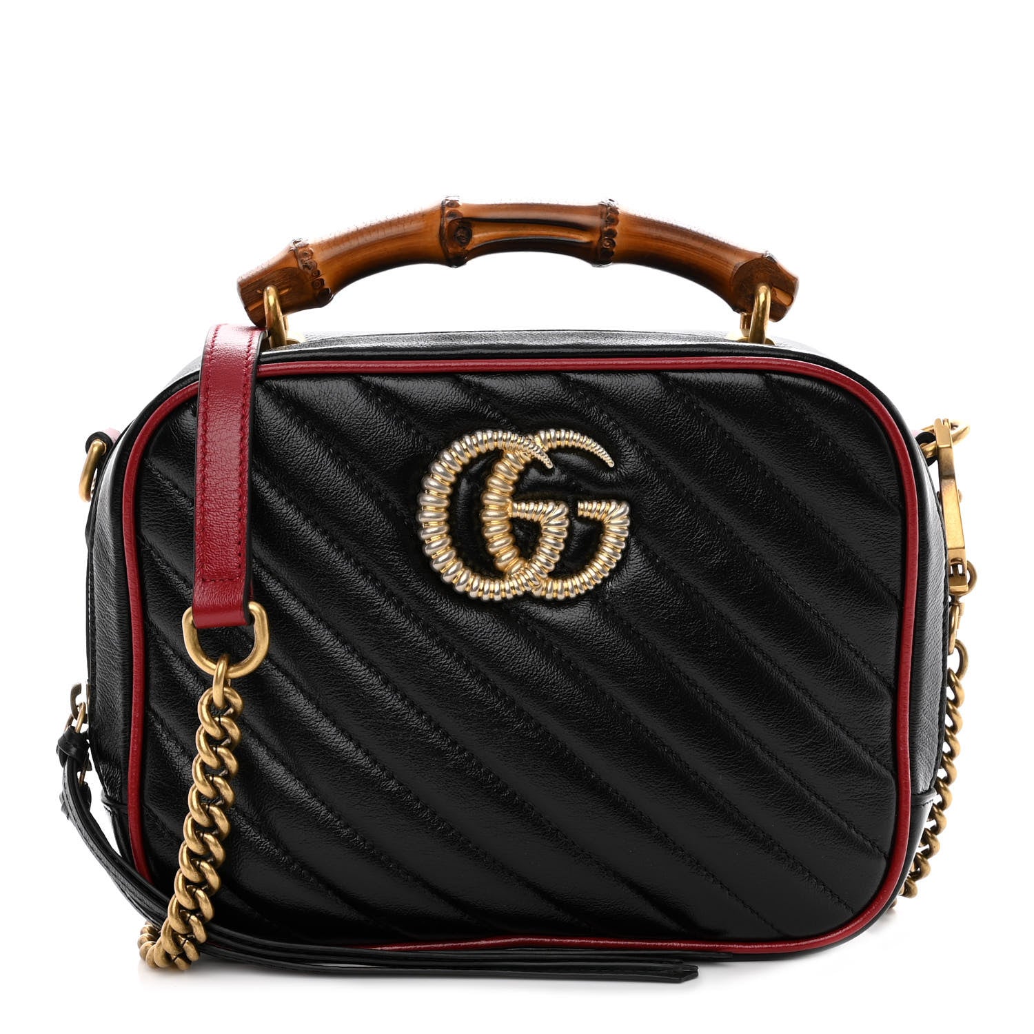 Gucci Vintage Effect Calfskin Matelasse Diagonal Small Torchon GG Marmont Bamboo Top Handle Shoulder Bag Black Romantic Cherry 1 of 11