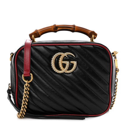 Gucci Vintage Effect Calfskin Matelasse Diagonal Small Torchon GG Marmont Bamboo Top Handle Shoulder Bag Black Romantic Cherry 1 of 11