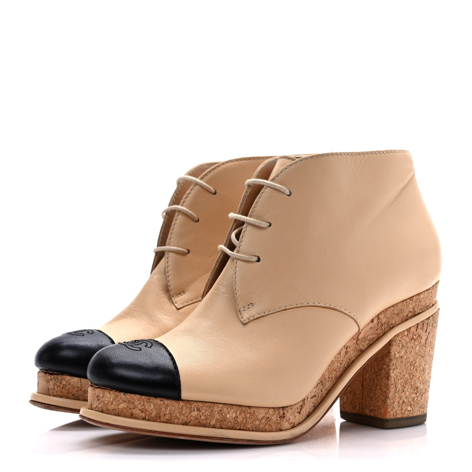 Chanel Lambskin Cork Cap Toe CC Lacets Booties 37.5 Beige Black 3 of 10