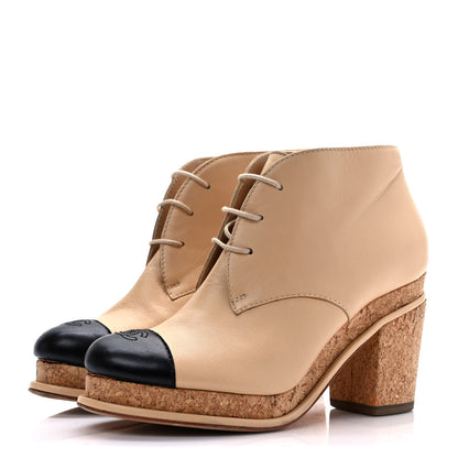 Chanel Lambskin Cork Cap Toe CC Lacets Booties 37.5 Beige Black 3 of 10