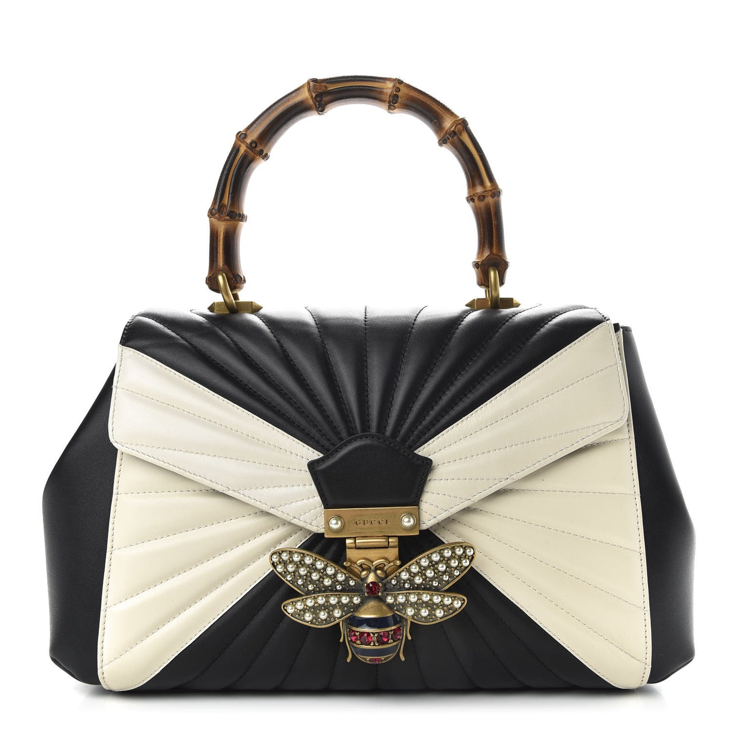 Calfskin Bamboo Trapuntata Queen Margaret Top Handle Bag Mystic White Black