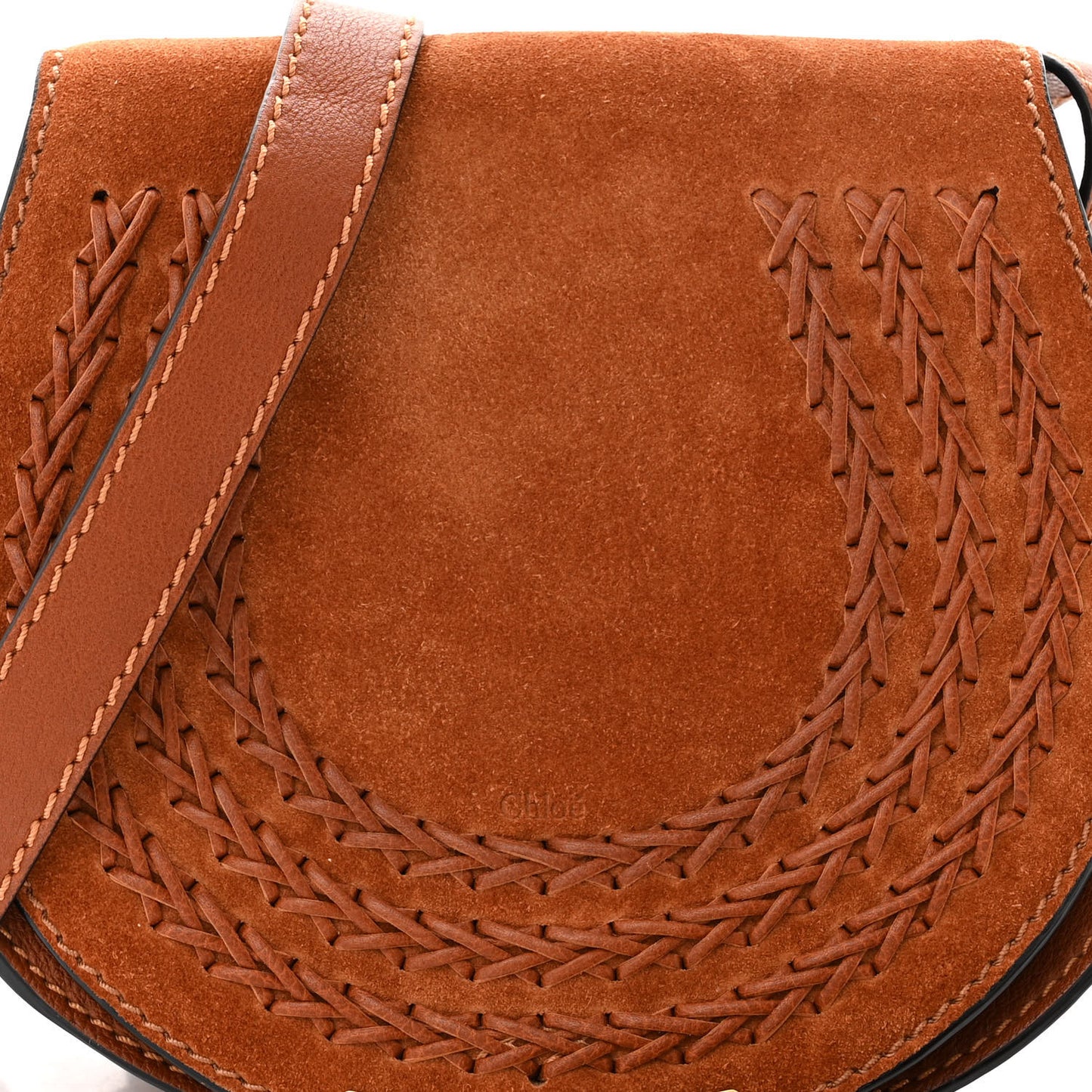 Suede Calfskin Braided Mini Marcie Round Crossbody Bag Caramel