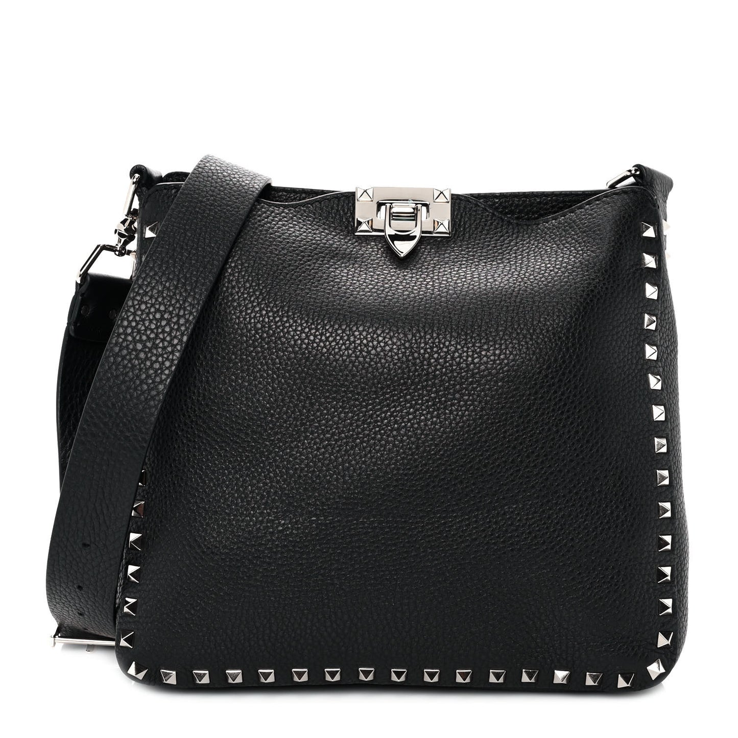 Pebbled Calfskin Small Rockstud Flip-Lock Messenger Bag Black