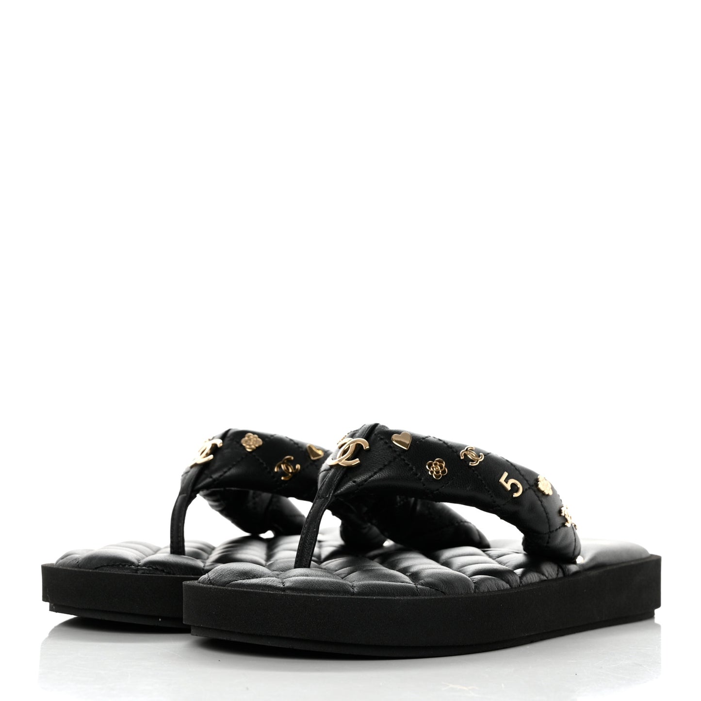 Lambskin Quilted Padded Charms Thong Sandals 38 Black