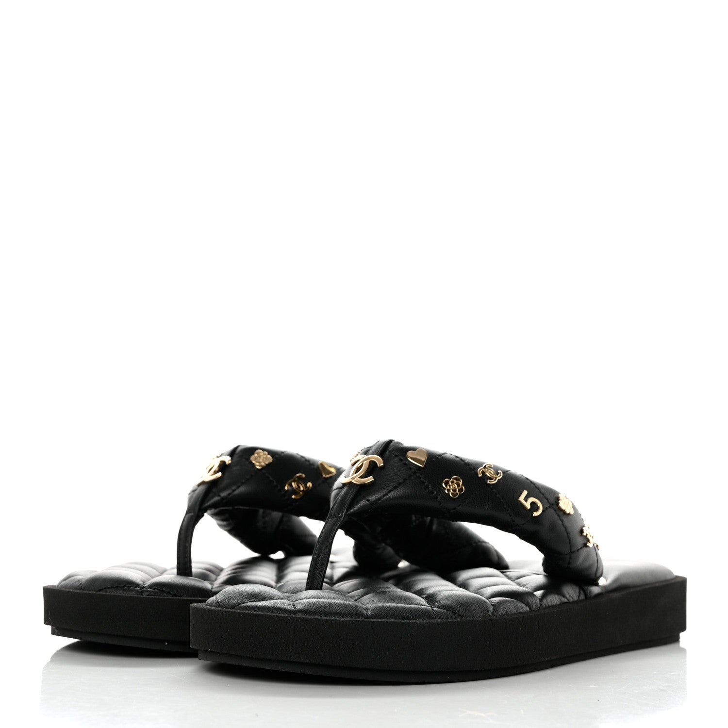 Chanel Lambskin Quilted Padded Charms Thong Sandals 38 Black 3 of 10