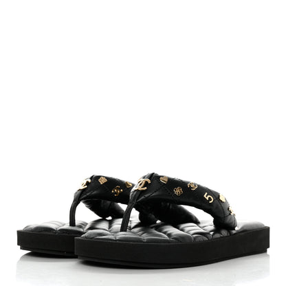Chanel Lambskin Quilted Padded Charms Thong Sandals 38 Black 3 of 10