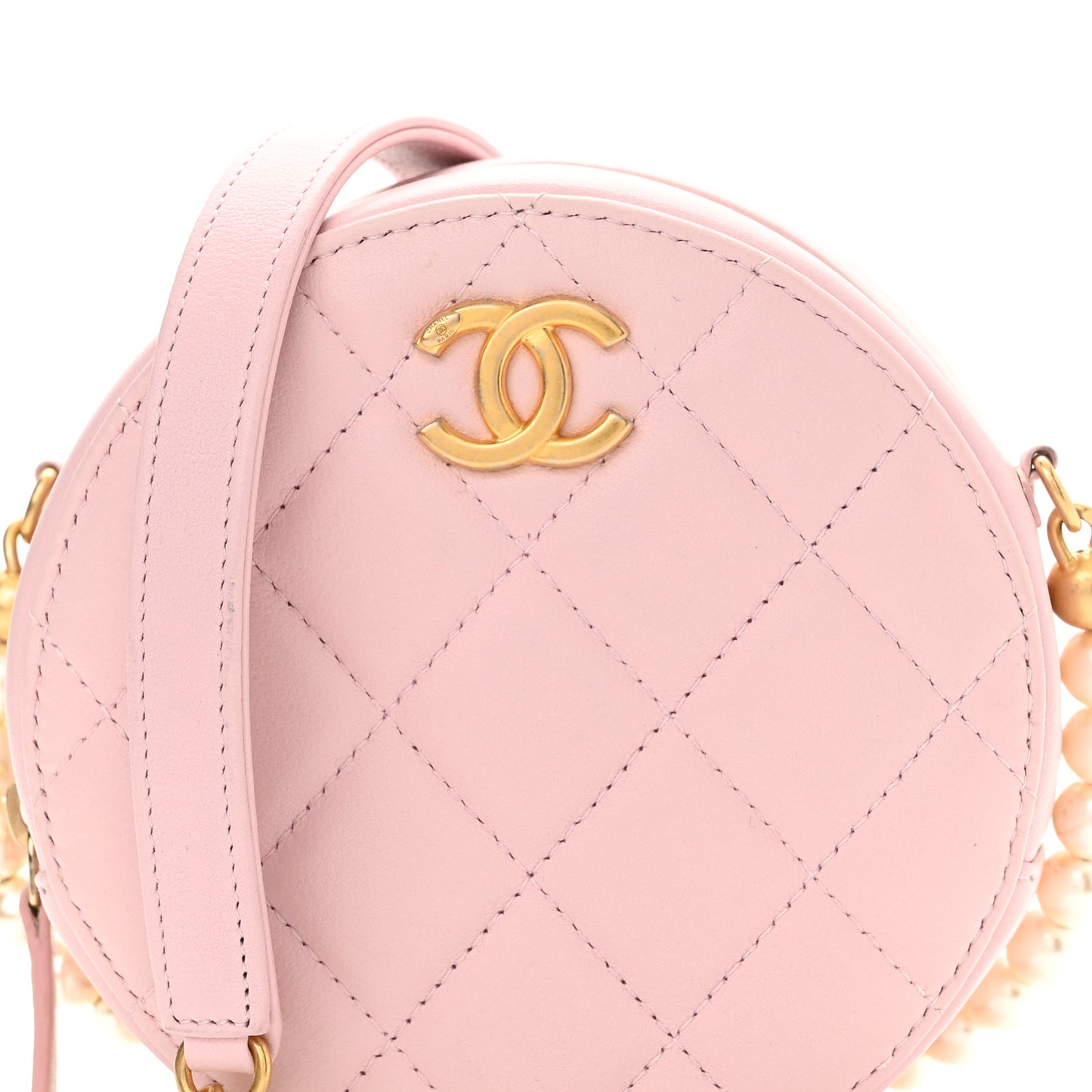 Calfskin Quilted Pearl Round Clutch With Chain Light Pink