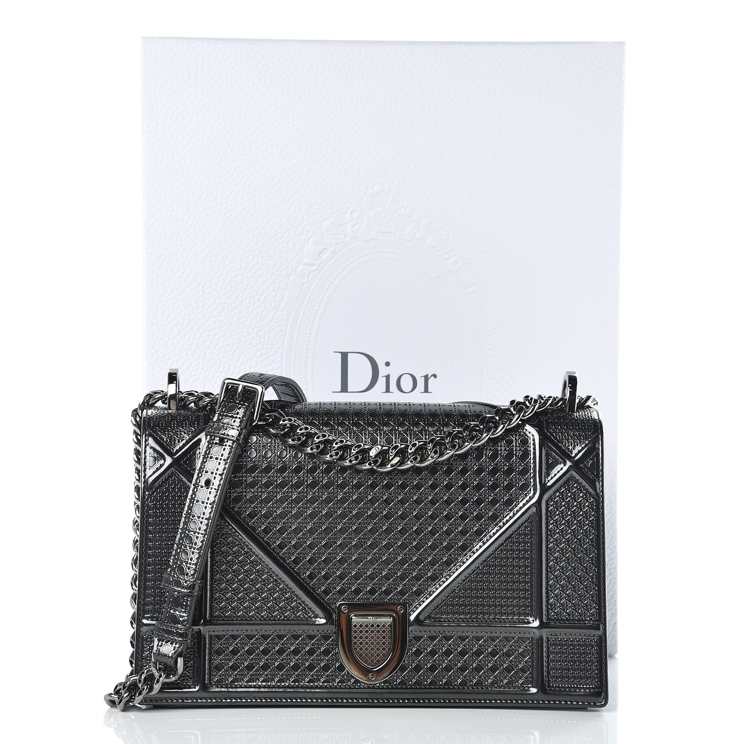Christian Dior Metallic Patent Micro-Cannage Medium Diorama Flap Bag Graphite 14 of 14