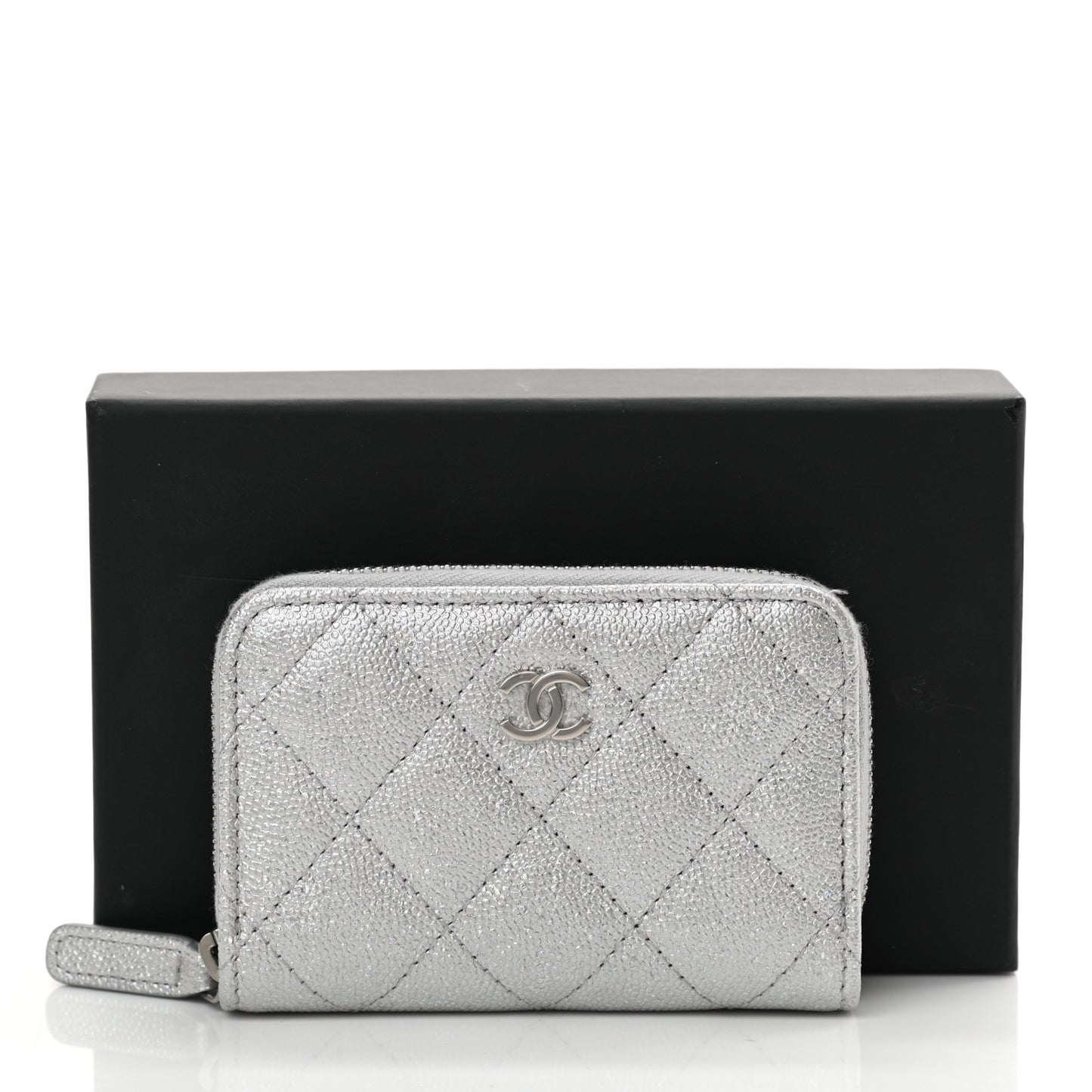 Glittered Metallic Caviar Quilted Zip Coin Purse Wallet Silver