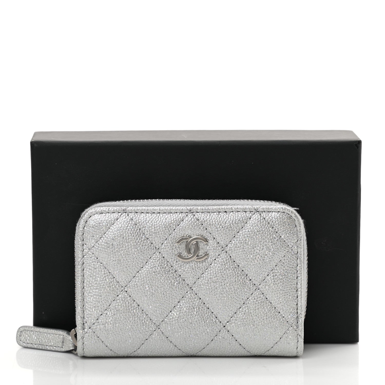 Chanel Glittered Metallic Caviar Quilted Zip Coin Purse Wallet Silver 9 of 9