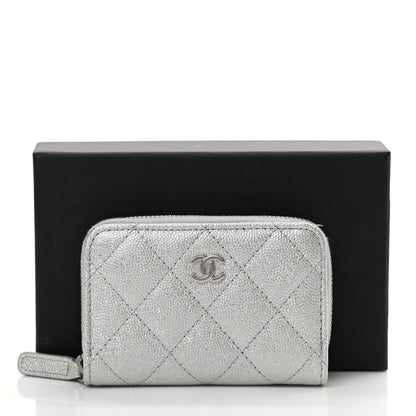 Chanel Glittered Metallic Caviar Quilted Zip Coin Purse Wallet Silver 9 of 9