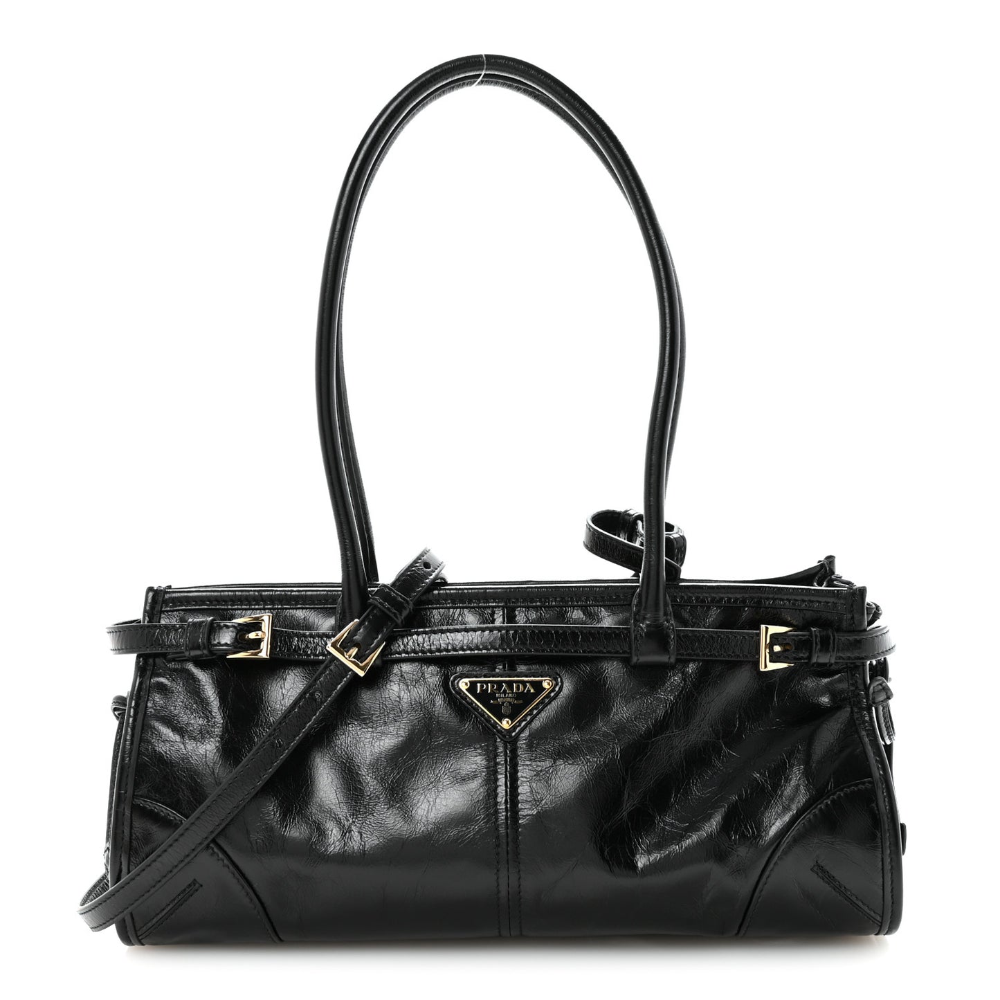 Glossy Calfskin Triangle Medium Bonnie Shoulder Bag Black