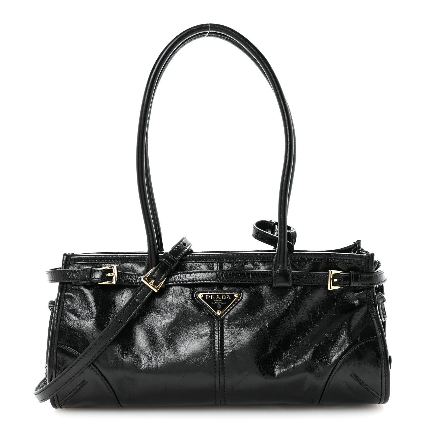 Prada Glossy Calfskin Triangle Medium Bonnie Shoulder Bag Black 1 of 9