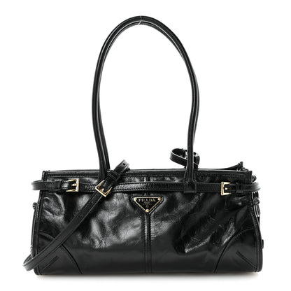 Prada Glossy Calfskin Triangle Medium Bonnie Shoulder Bag Black 1 of 9