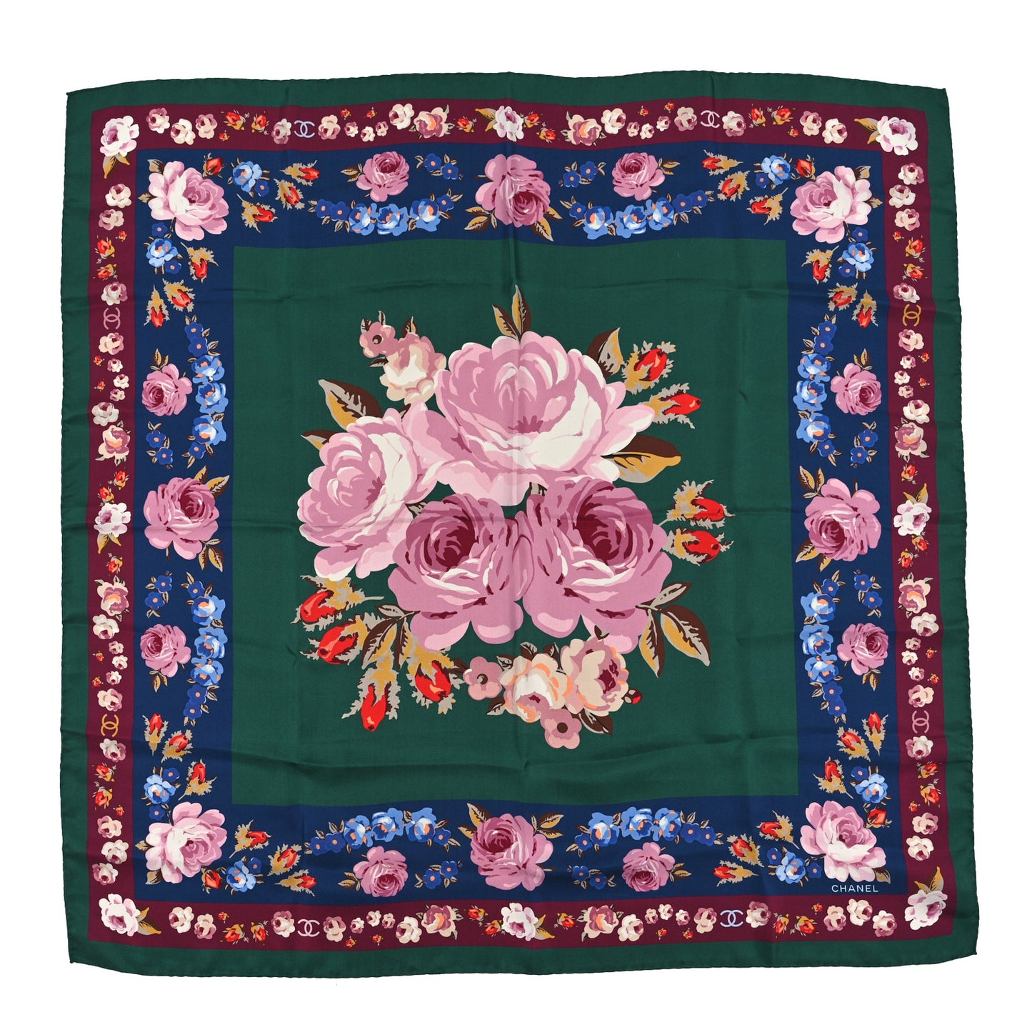 Silk CC Floral Square Scarf Green Multicolor
