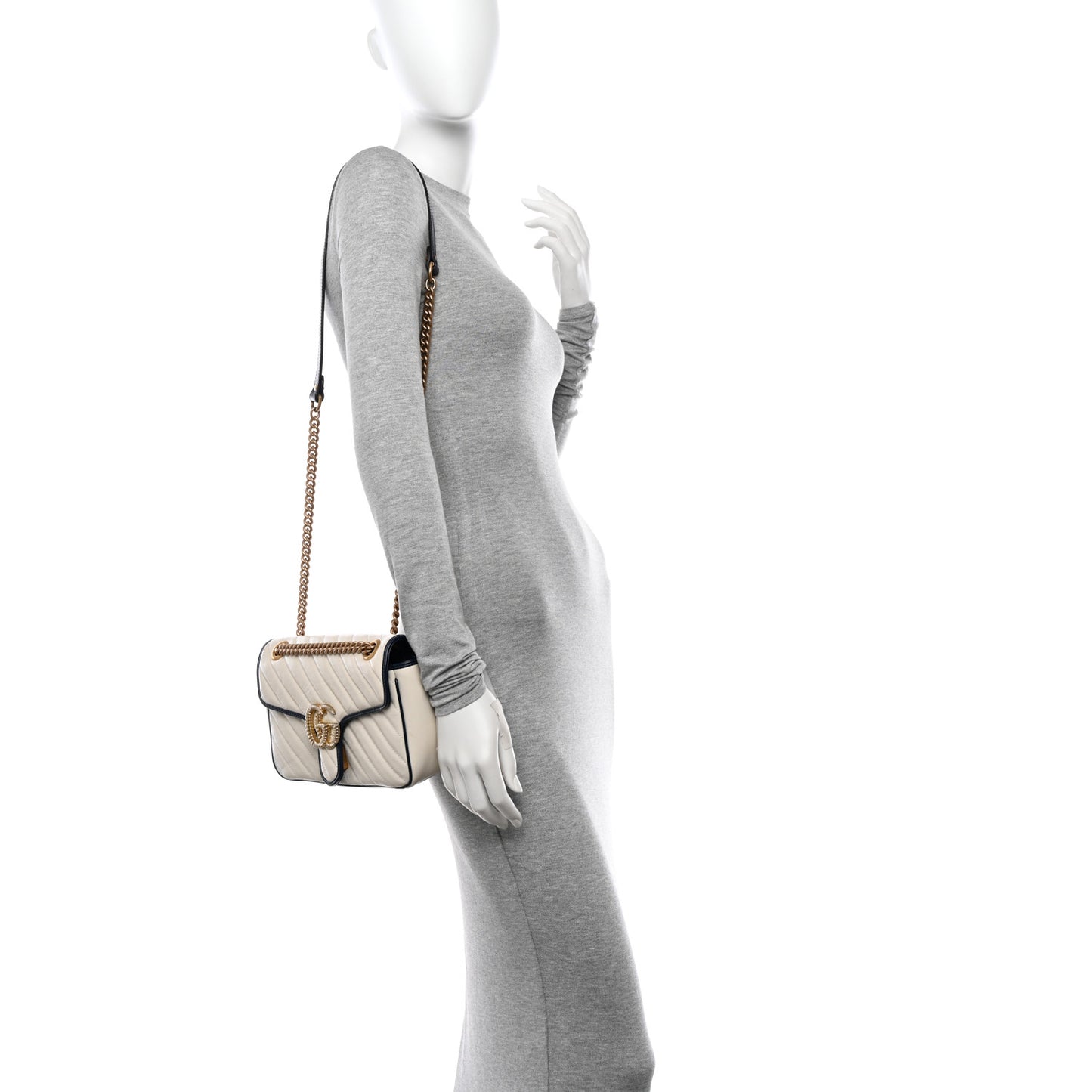 Vintage Effect Calfskin Matelasse Diagonal Small Torchon GG Marmont Shoulder Bag Mystic White Blue Agata