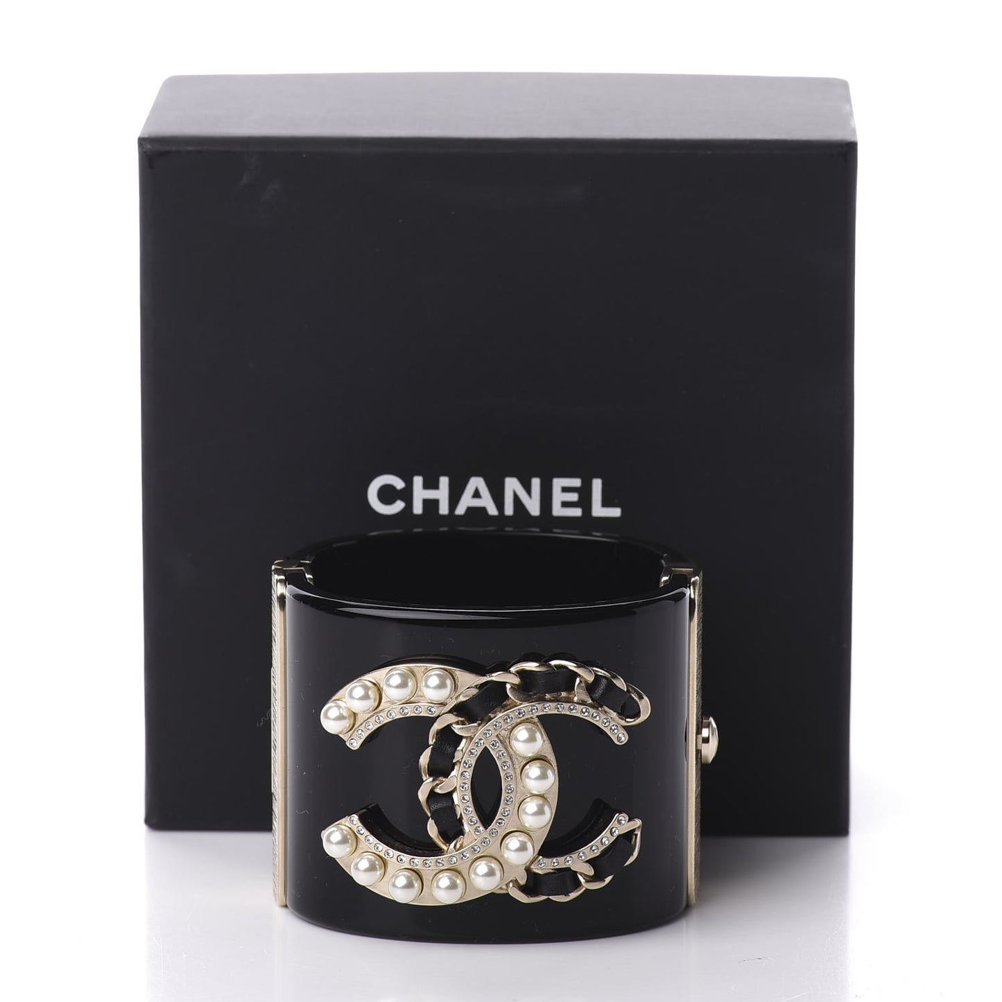 Resin Crystal Pearl Lambskin CC Cuff Black