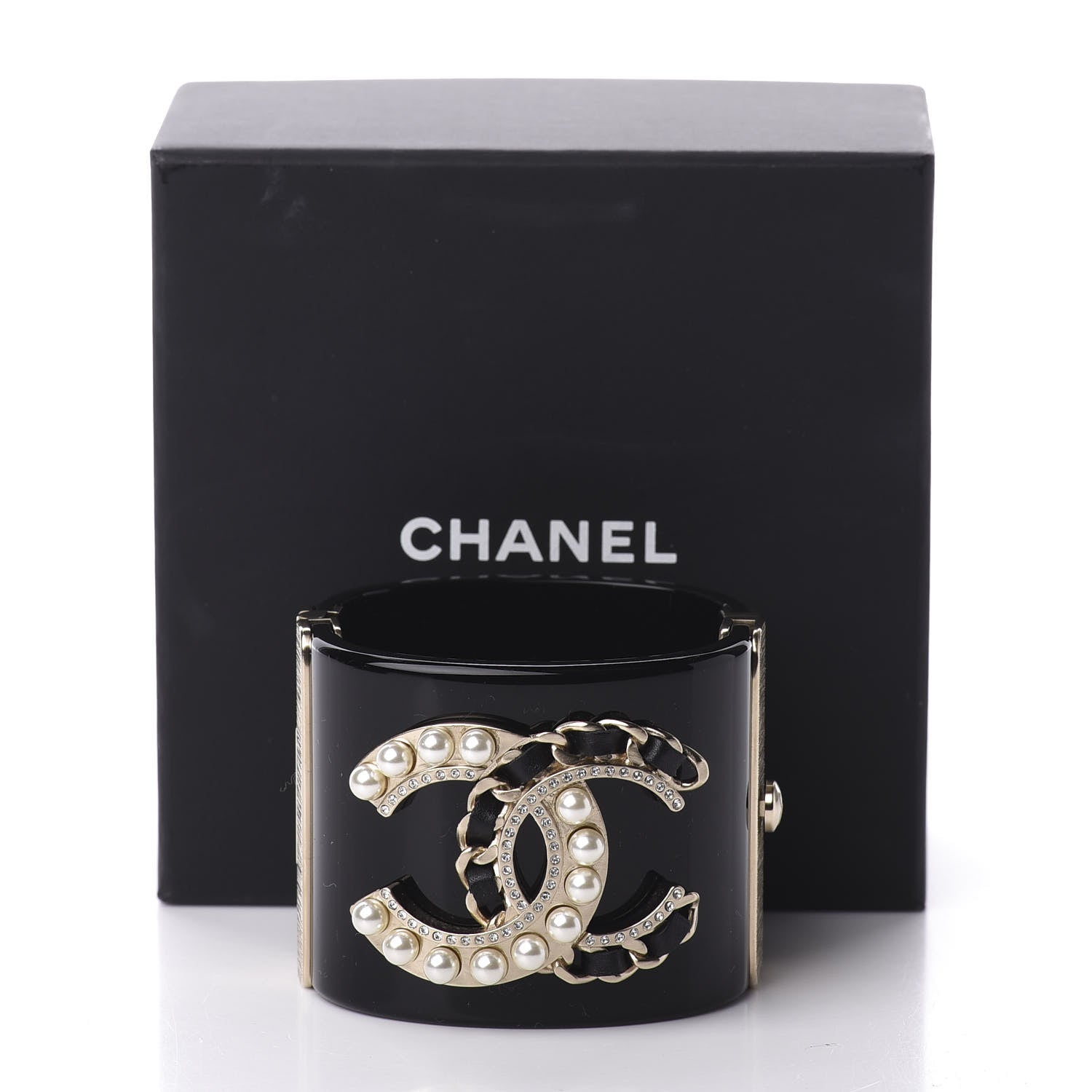 Chanel Resin Crystal Pearl Lambskin CC Cuff Black 4 of 4