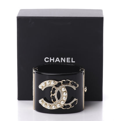 Chanel Resin Crystal Pearl Lambskin CC Cuff Black 4 of 4