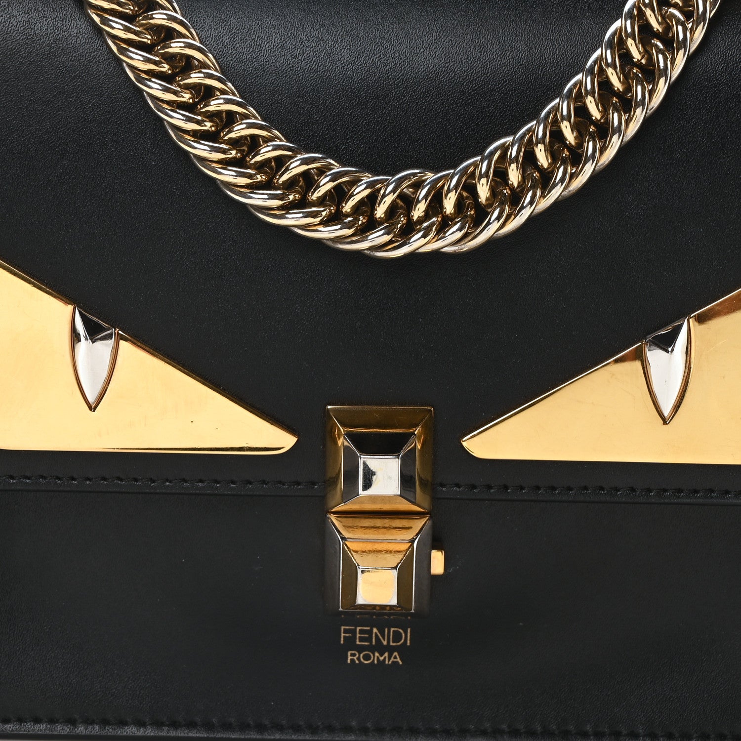 Fendi Vitello Liberty Metal Monster Eyes Small Kan I Shoulder Bag Black Gold 8 of 10