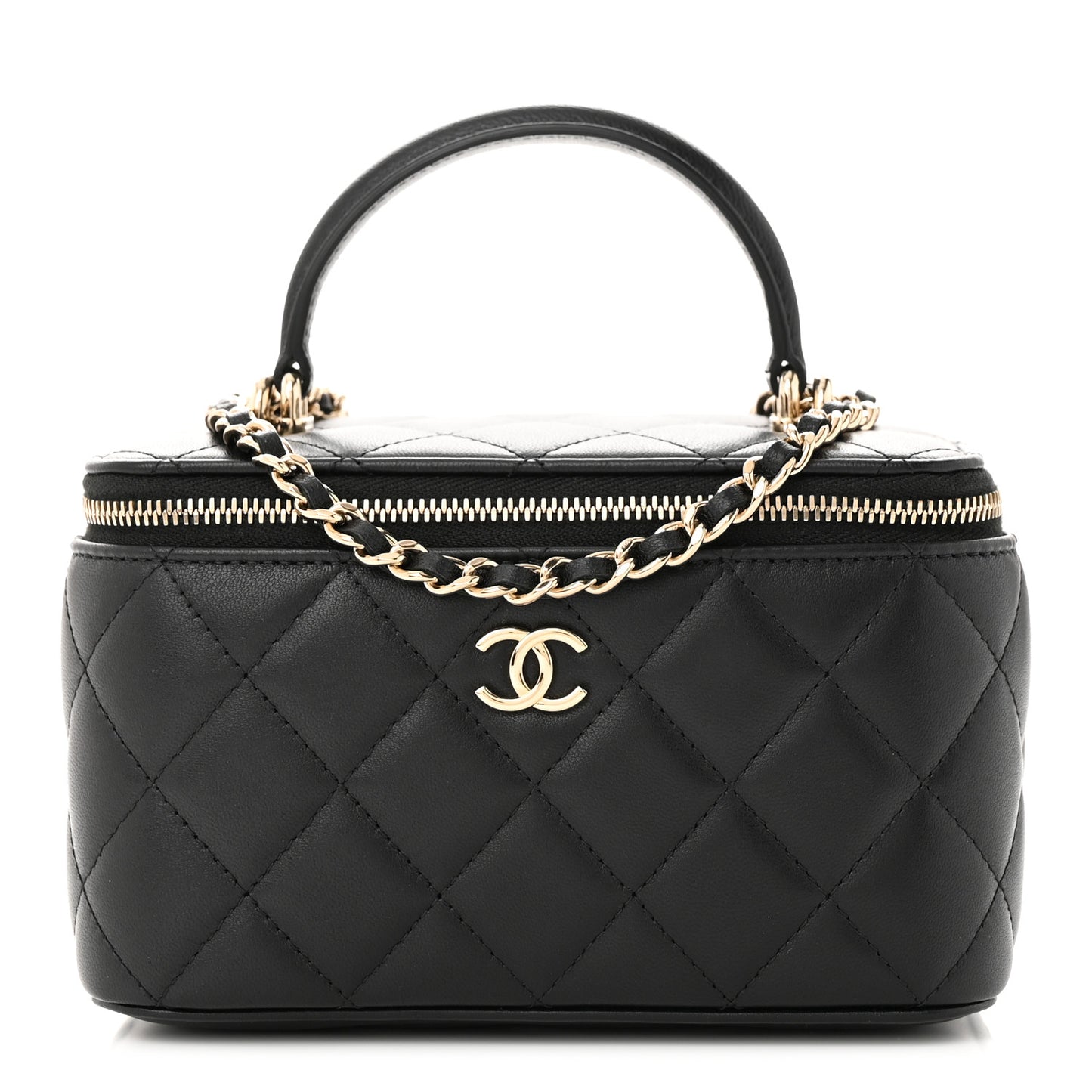 Lambskin Quilted Small Top Handle Vanity Case With Chain Black