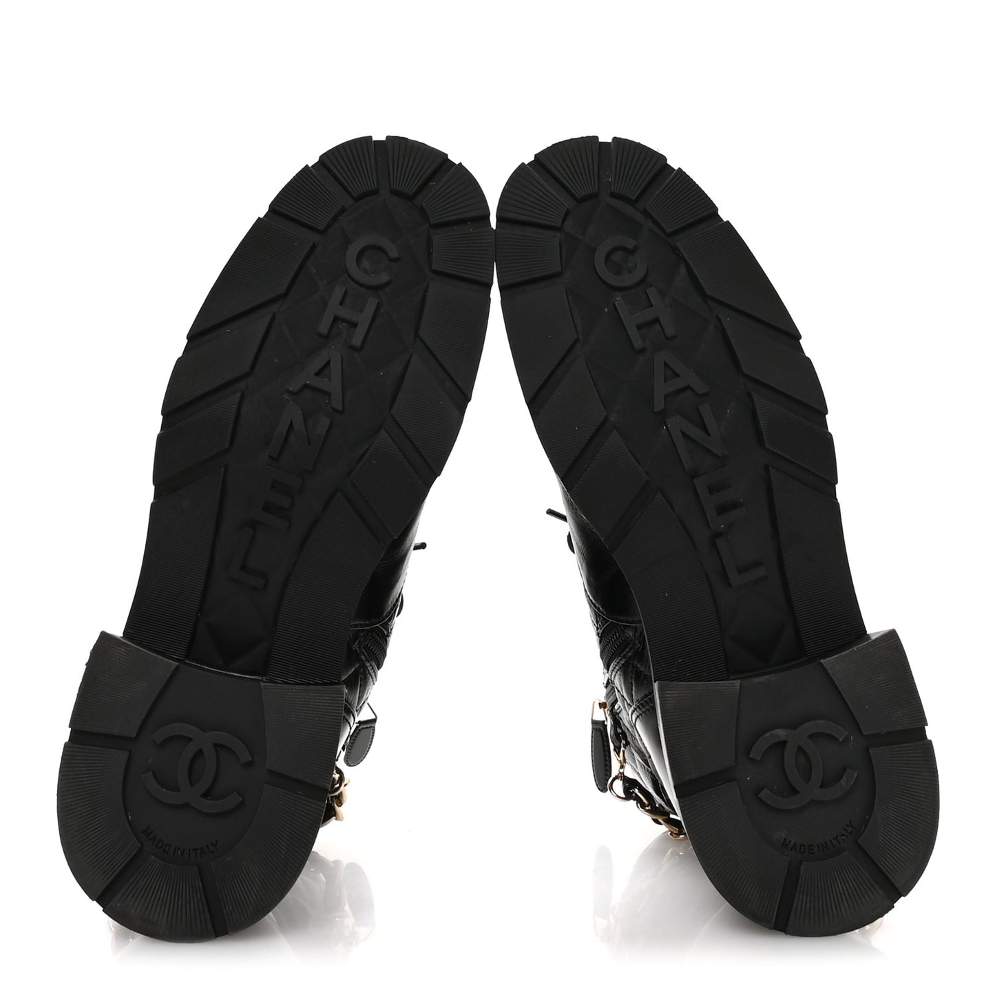 Shiny Calfskin Patent Quilted Chain Lace Up Combat Boots 40.5 Black