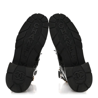 Chanel Shiny Calfskin Patent Quilted Chain Lace Up Combat Boots 40.5 Black 6 of 9