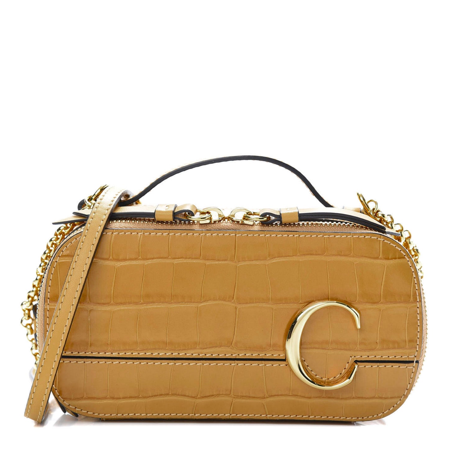 Calfskin Crocodile Embossed Mini C Vanity Bag Honey Gold