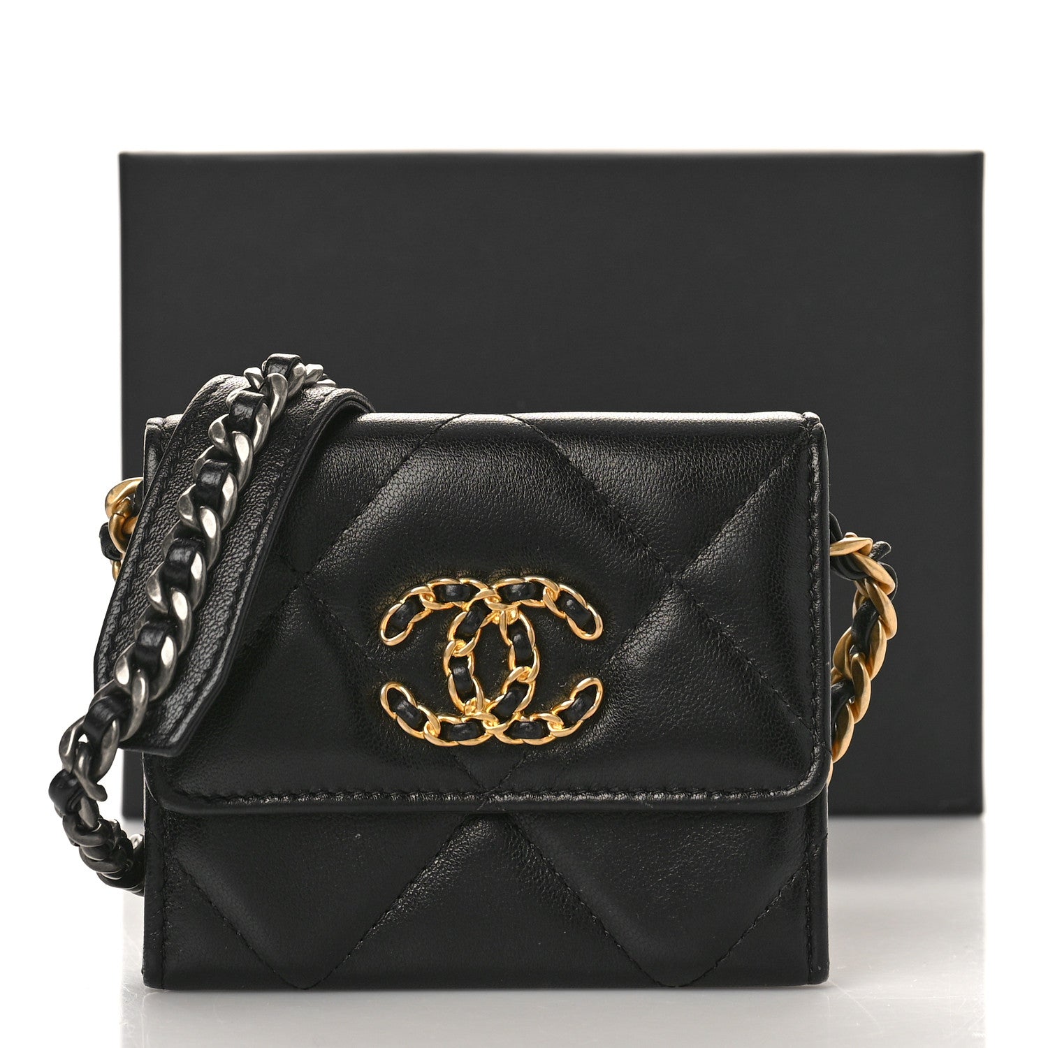 Chanel Lambskin Quilted Chanel 19 Flap Coin Purse With Chain Black 10 of 10
