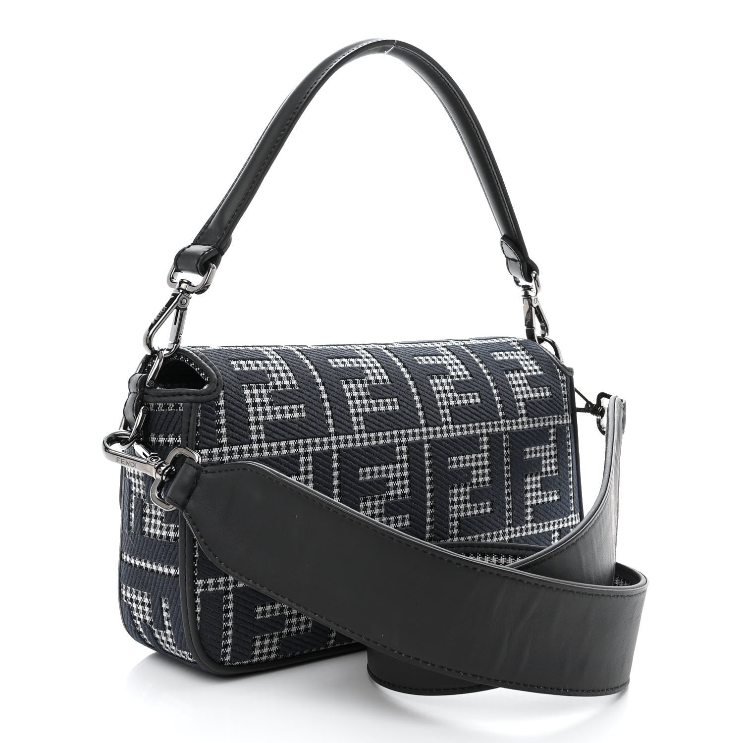 Fendi Wool Vitello King Houndstooth FF Embroidered Baguette Grigio Anthracite 3 of 10